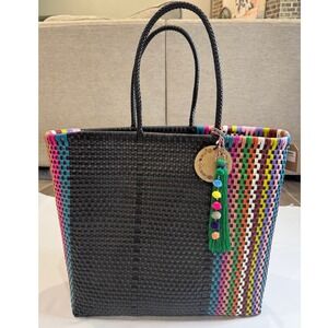 Maria Victoria Woven Tote Bag Women Large Black Multi BNWT Handcrafted Mexico